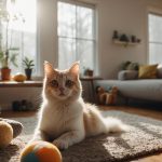 A cat sit in a cozy living room, surrounded by its favorite toys and treats. The windows are open, letting in a gentle breeze