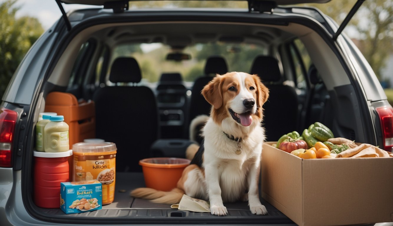 A dog and cat sit in a packed car, surrounded by food, water, and pet supplies. The car is parked in front of a house with an open door and a map on the dashboard