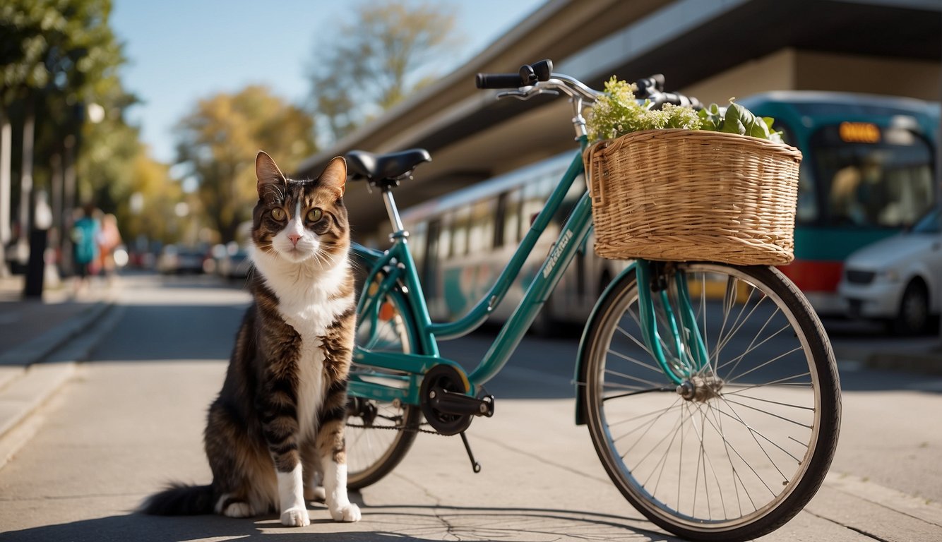 A cat sits next to a bicycle with a basket. The bicycle is parked next to a bus stop.