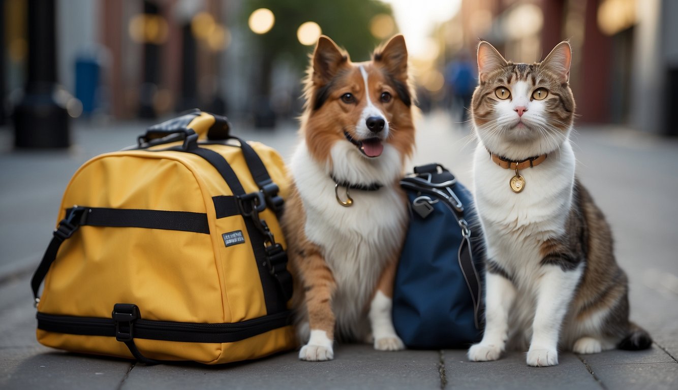 A dog and a cat wait anxiously by a packed emergency bag. A leash, pet food, and water bowls are ready to go