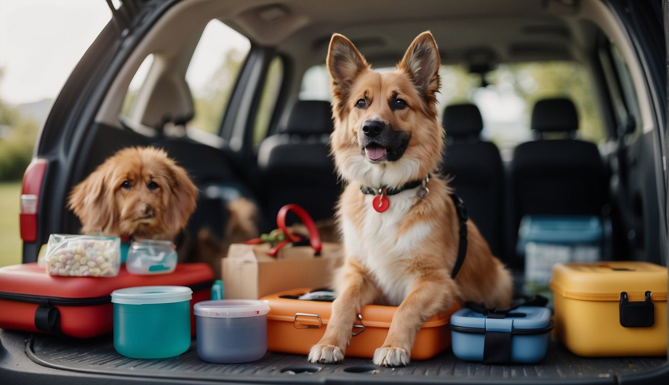 A variety of pets in carriers and on leashes, with food and water bowls, and a first aid kit, are being packed into a vehicle