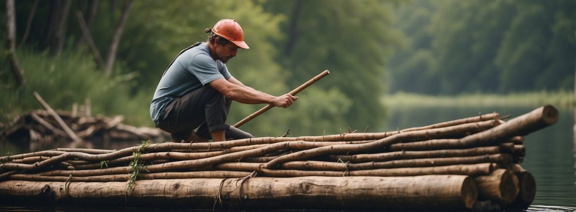 A person constructs a raft from logs and vines, securing them tightly to create a sturdy watercraft