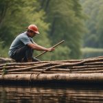 A person constructs a raft from logs and vines, securing them tightly to create a sturdy watercraft