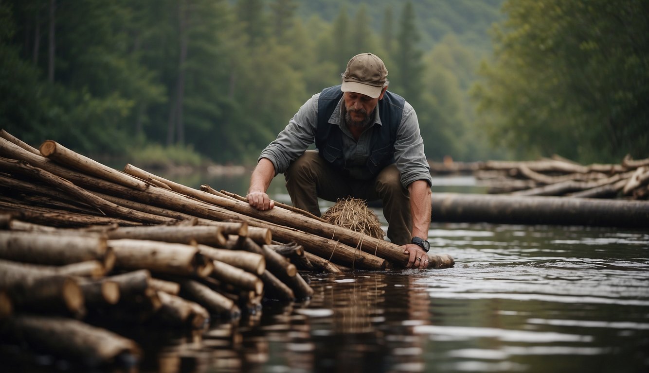 A person gathers logs, rope, and a tarp on a riverbank. They begin lashing the logs together to construct a makeshift raft