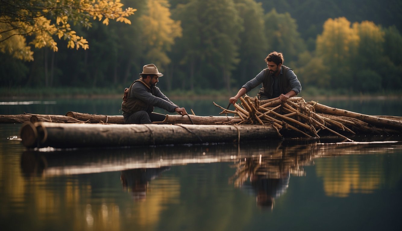 A person lashing together logs and debris to form a makeshift raft on a calm body of water