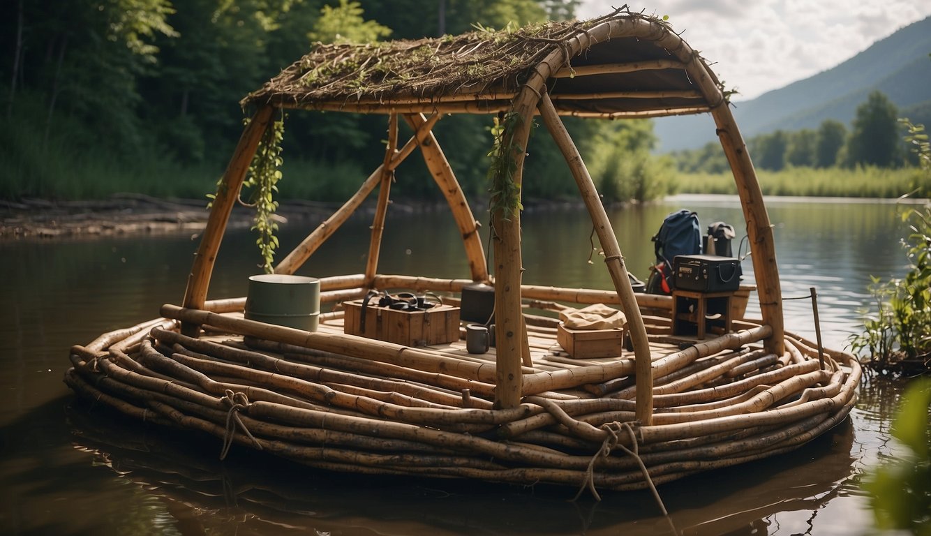 A raft is being constructed using logs and vines, with a shelter made from tarpaulin. Essential survival items such as a water container, fishing gear, and a first aid kit are visible on the raft