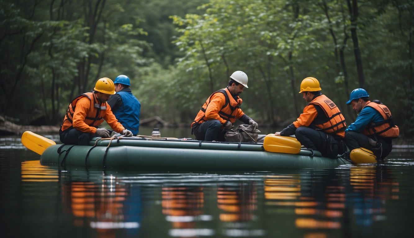 A group of people gather materials and inspect a makeshift raft by a body of water. They check for stability and secure essential supplies for survival