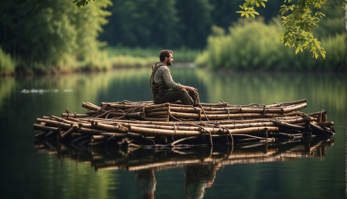 A figure constructs a raft from logs and vines, using knots and lashings to secure the structure. The makeshift raft floats on calm water, surrounded by a lush, green landscape