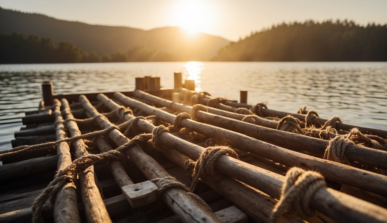 A sturdy raft is being constructed using logs, ropes, and other materials. The raft is being built on the edge of a body of water, with the sun shining down on the scene