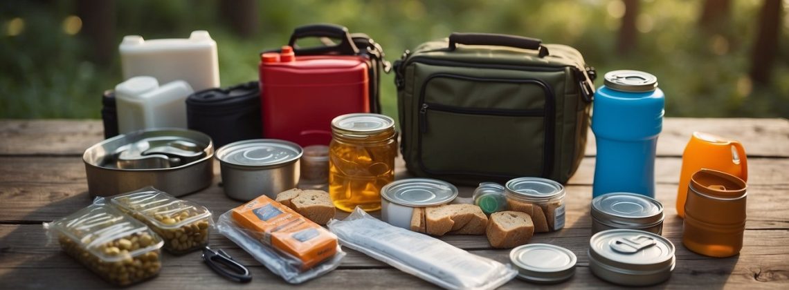 A table with survival gear: canned food, water jugs, first aid kit, flashlight, batteries, matches, and a map