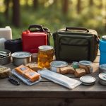 A table with survival gear: canned food, water jugs, first aid kit, flashlight, batteries, matches, and a map