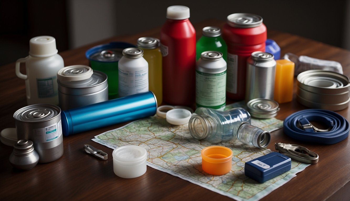A table covered in supplies: canned food, water bottles, flashlights, first aid kit, and a map. A checklist with items crossed off