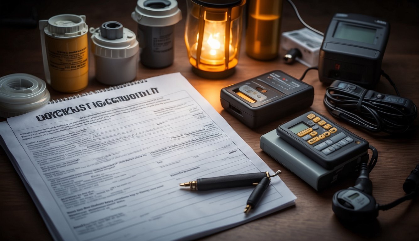 A checklist with power and lighting doomsday prep items, including generators, batteries, flashlights, and emergency supplies