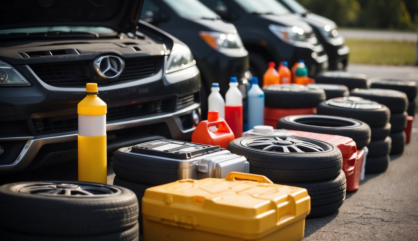 Vehicles lined up with emergency supplies, road maps, and fuel cans. A checklist with items like spare tires, first aid kits, and communication devices