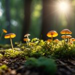 Lush forest floor with diverse edible plants and fungi. Sunlight filters through the canopy, illuminating the vibrant colors of the foraged bounty