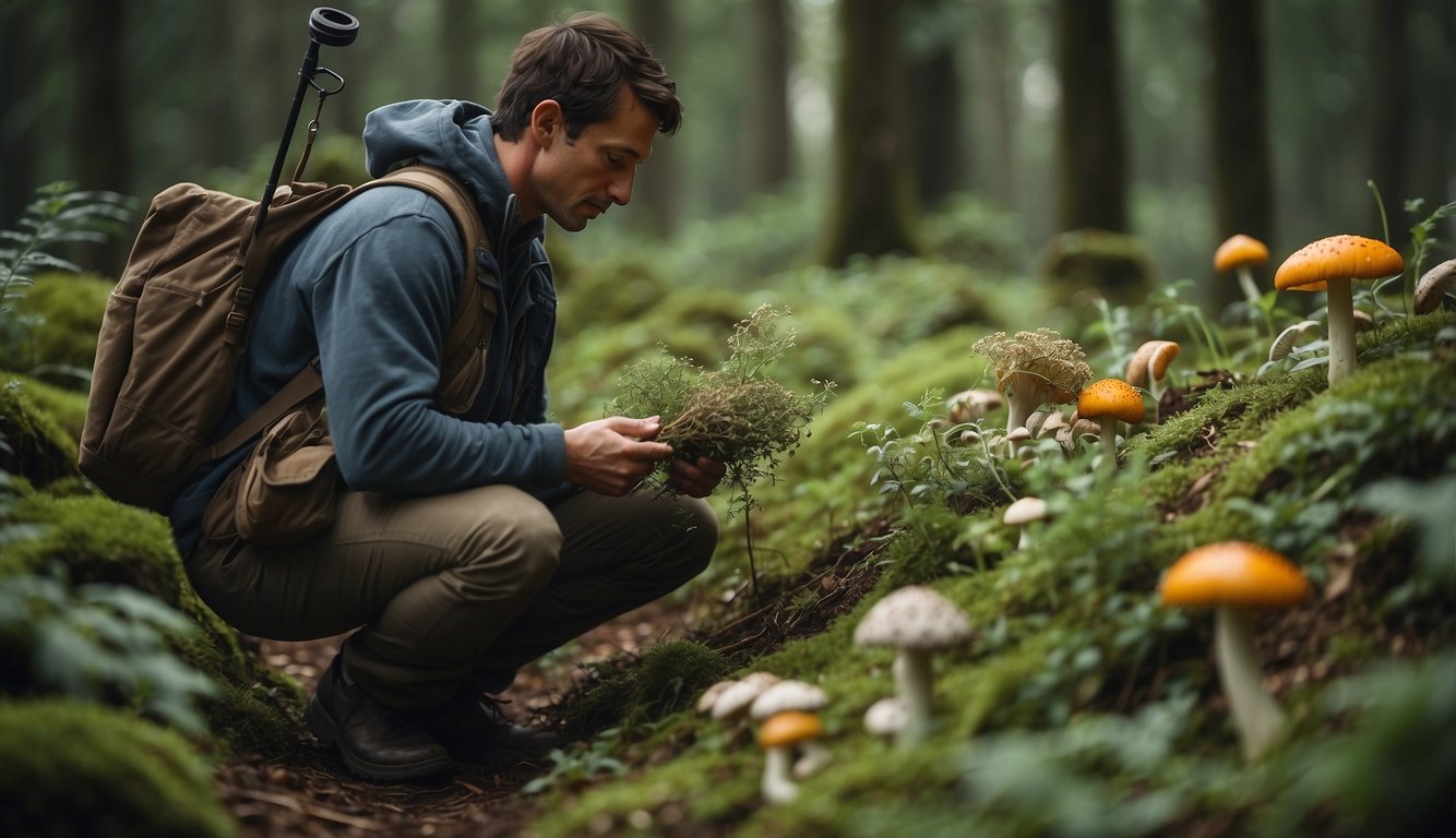 A person gathers foraging equipment and resources in a wild setting, surrounded by edible plants and fungi