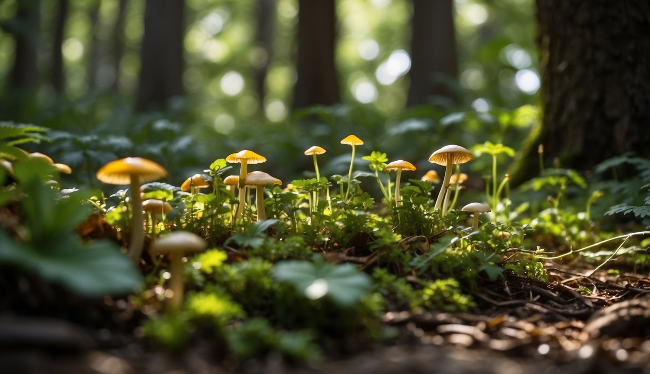 Lush forest floor with diverse edible plants and fungi, including mushrooms, berries, and leafy greens, surrounded by towering trees and dappled sunlight