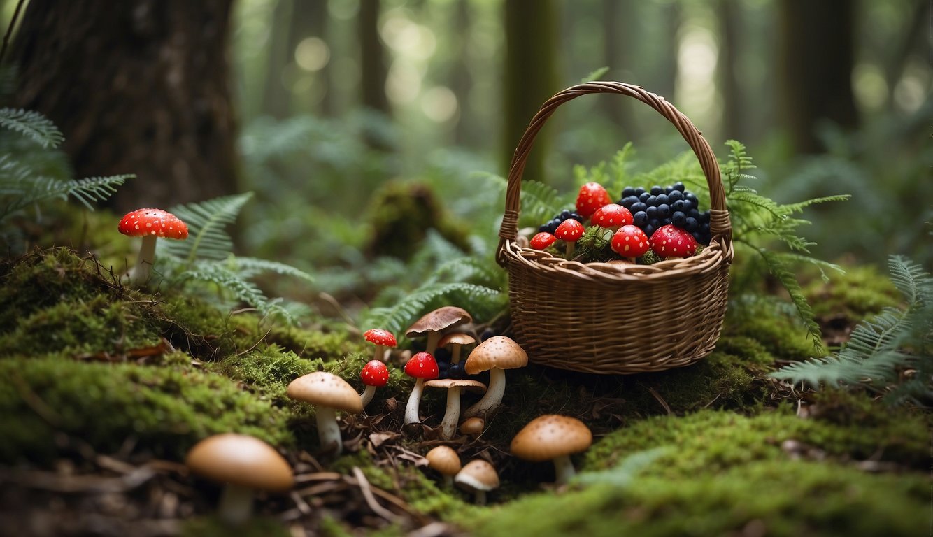 Lush forest with diverse plant life, mushrooms, and berries. Ancient tools and baskets scattered on the ground. A sense of connection to nature and history