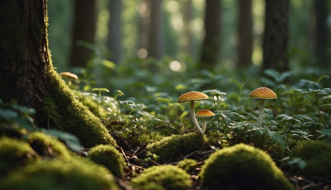 Lush forest floor with diverse edible plants and fungi, surrounded by tall trees and wildlife
