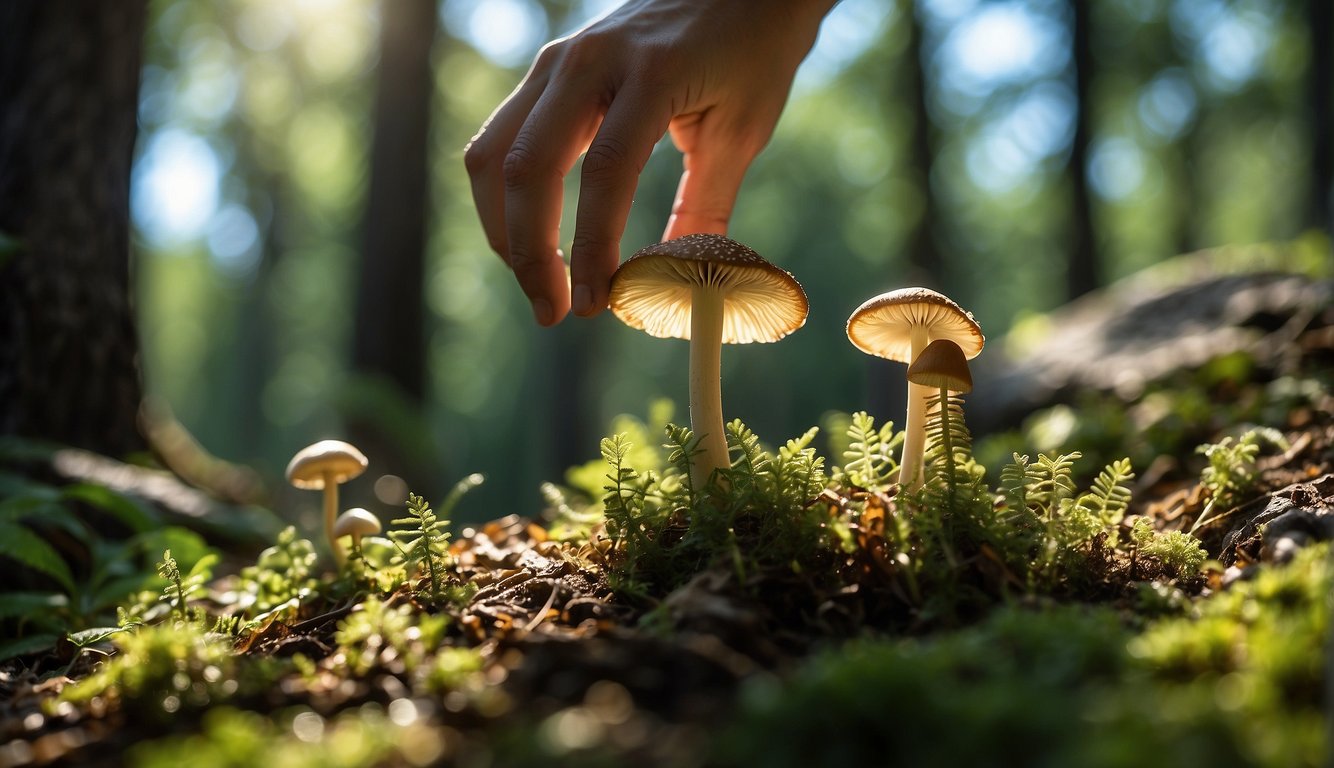 Lush forest floor with various edible plants and fungi. A person's hand reaching for a mushroom. Clear blue sky and dappled sunlight
