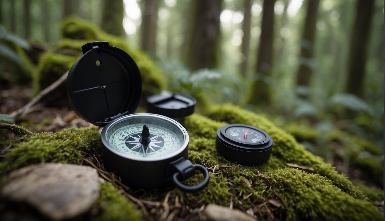 A compass pointing towards a hidden geocache in a dense forest, with a map and survival gear nearby