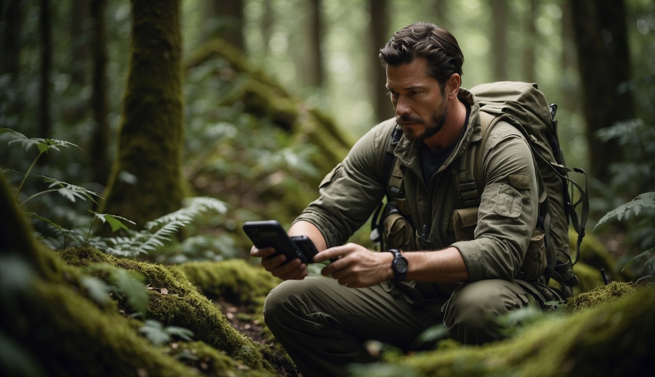 A survivalist uses a GPS device to locate a hidden geocache in a dense forest, surrounded by trees and foliage. The container is camouflaged to blend in with the natural environment