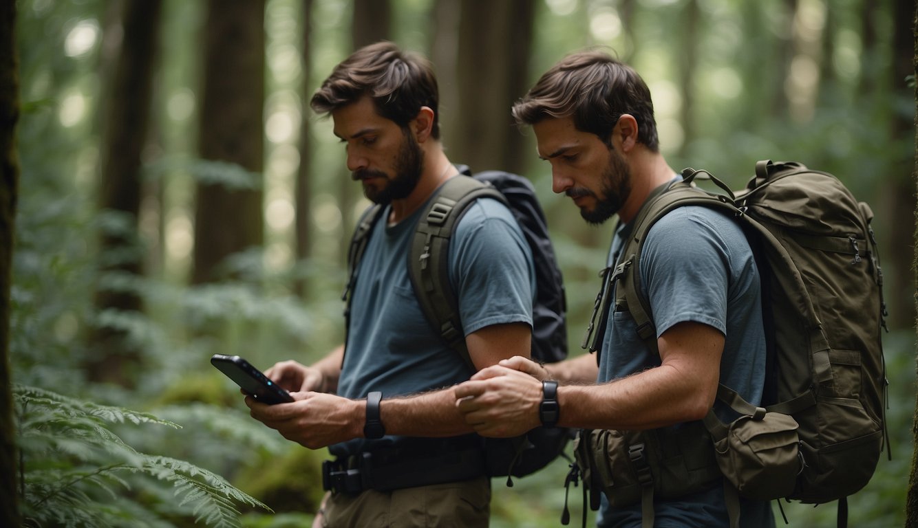 A survivalist uses geocaching to find hidden supplies in a forest. A GPS device and map are in hand, while a backpack holds essential gear
