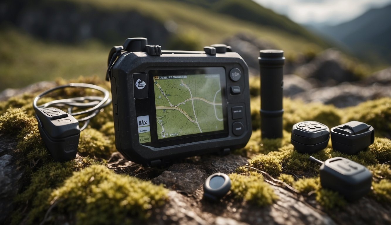 A rugged landscape with hidden containers, GPS devices, and natural obstacles, illustrating the challenges and benefits of geocaching for survivalists