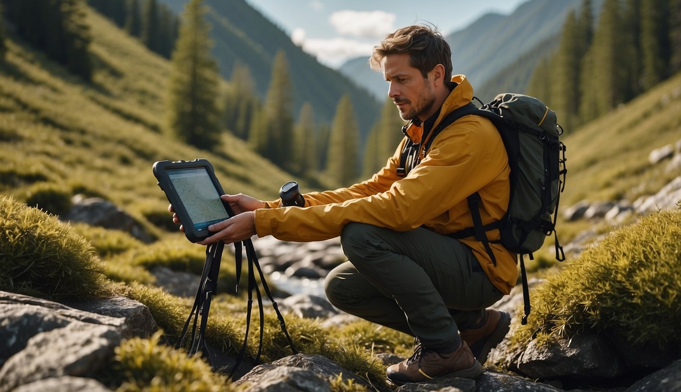 A geocacher navigating through rugged terrain, using a GPS device to locate hidden caches. The landscape is diverse, including forests, mountains, and waterways
