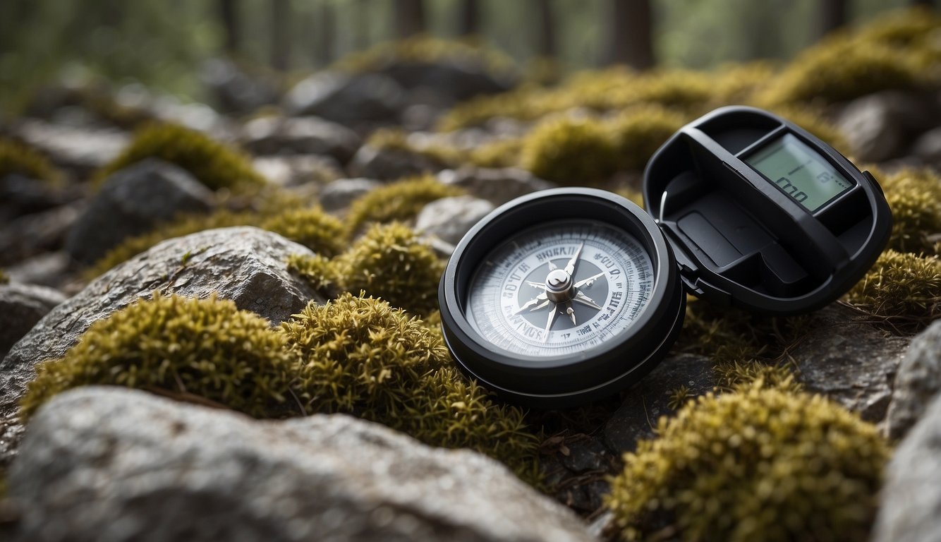 A rugged landscape with a hidden cache nestled among rocks and trees, a compass and GPS device nearby, illustrating the potential benefits and drawbacks of geocaching for survivalists