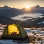 A lone tent stands in a snowy landscape, surrounded by tall mountains. Smoke rises from a small stove outside, as the sun sets in the distance