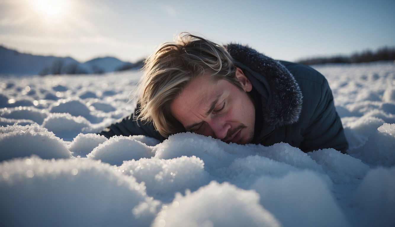 A person huddled in a fetal position, surrounded by snow and ice. The wind is blowing and the temperature is dropping rapidly
