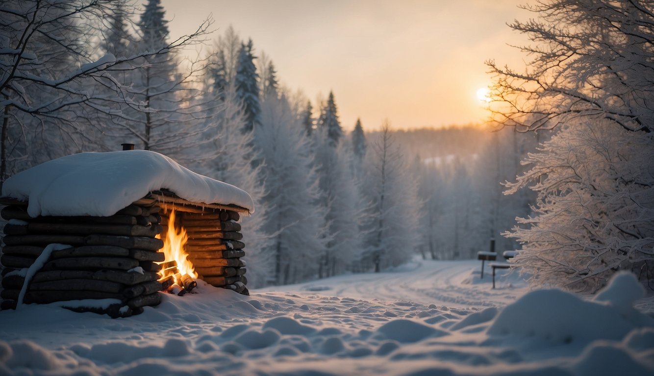Snow-covered landscape with a shelter made of branches and snow. A small fire is burning, and there are signs of insulation and heat retention techniques