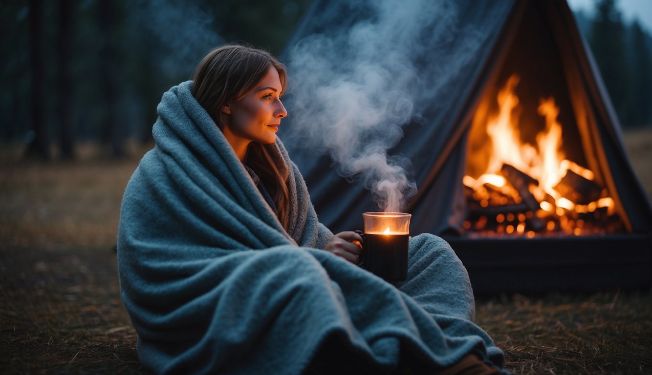 A person wrapped in a thermal blanket, sitting next to a campfire with steam rising from a hot beverage