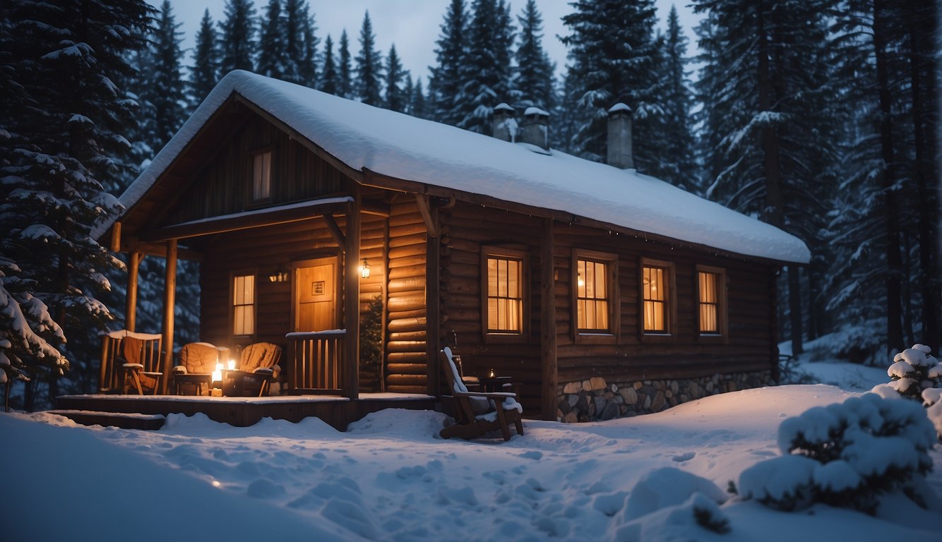 A cozy cabin with a crackling fireplace, warm blankets, and a steaming cup of tea. Outside, snow-covered trees and a clear, starry sky