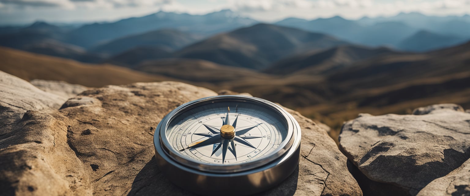 A compass on a rock overlooking a range of mountains