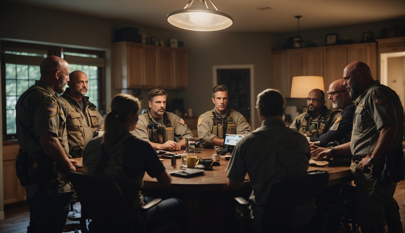 A group of preppers gather to discuss home security strategies after a disaster. They exchange tips and information to build a strong network