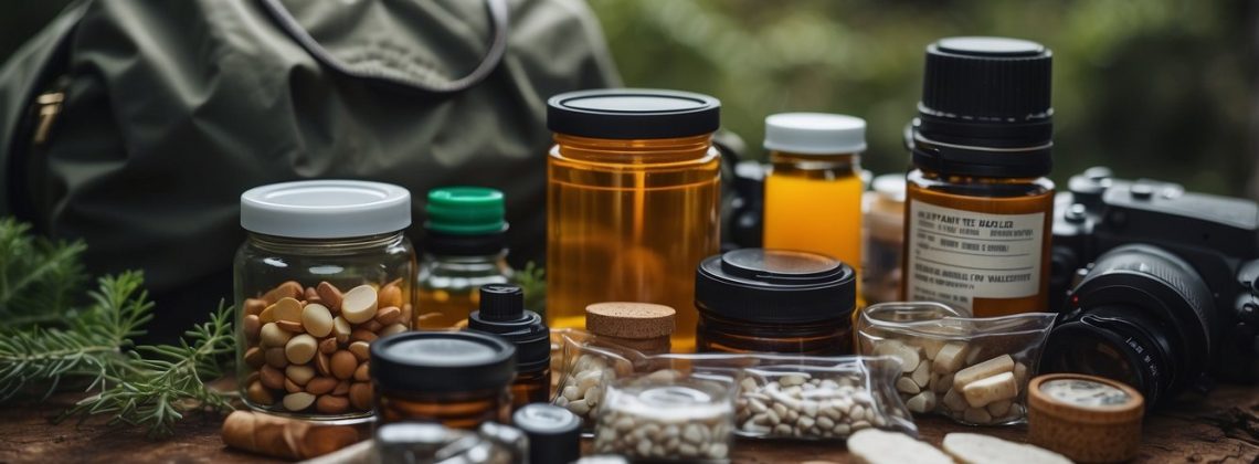 A table with essential medications and natural alternatives, surrounded by wilderness and survival gear