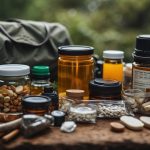 A table with essential medications and natural alternatives, surrounded by wilderness and survival gear