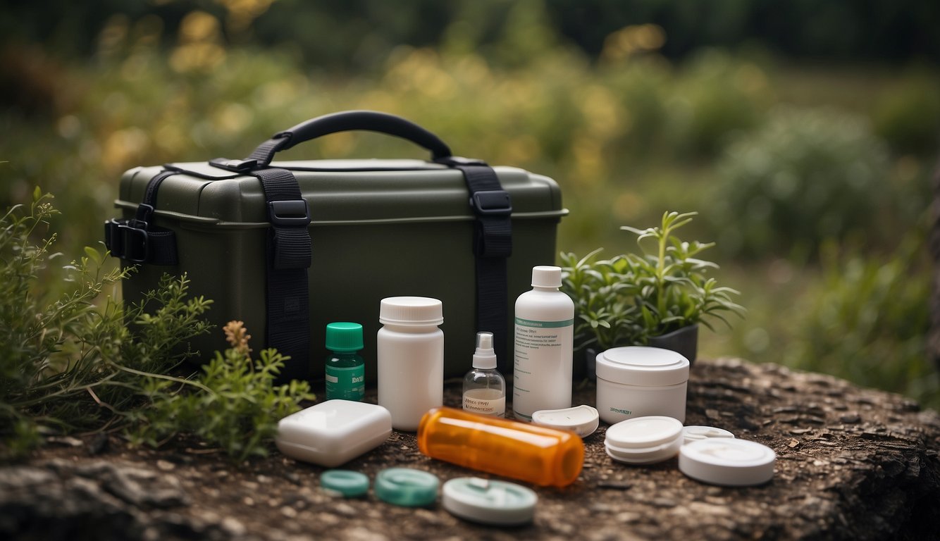 A rugged outdoor scene with a makeshift first aid kit and various medicinal plants, showcasing the essentials for treating common ailments in survival situations