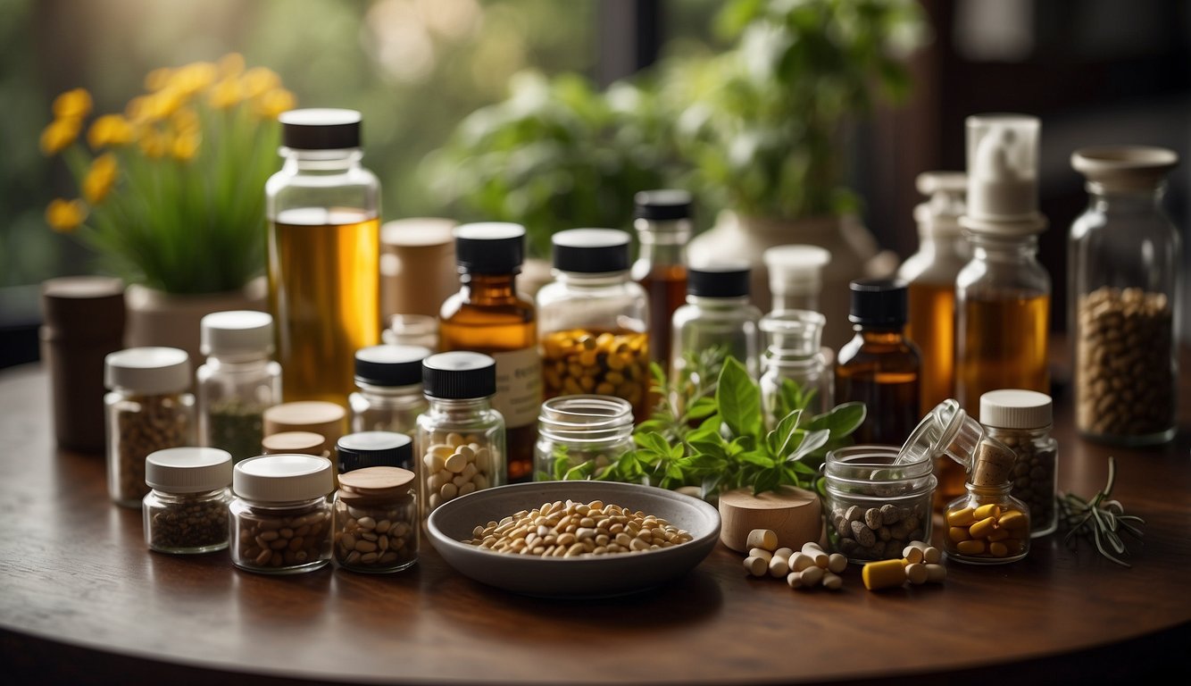 A table with various medications and herbal alternatives, labeled and organized for easy access