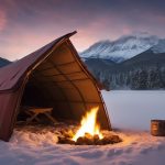 A lone shelter stands against a backdrop of snow-covered mountains. A small fire burns outside, surrounded by carefully arranged supplies and tools for surviving in extreme cold