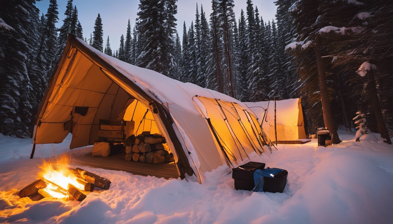 Snow-covered landscape, with a shelter being built and supplies organized for extreme cold survival. Snowshoes, heavy clothing, and a fire pit are visible