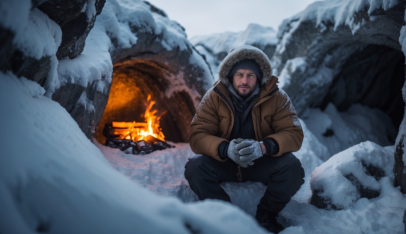 A figure huddled in a snow cave, surrounded by insulated gear and a small fire, while a fierce blizzard rages outside