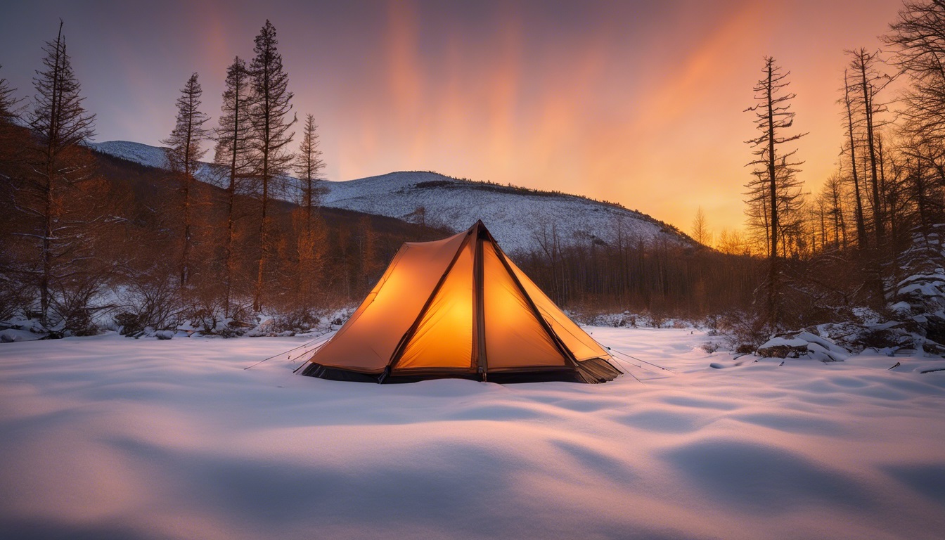 A lone tent stands in a snow-covered landscape, surrounded by barren trees. 
