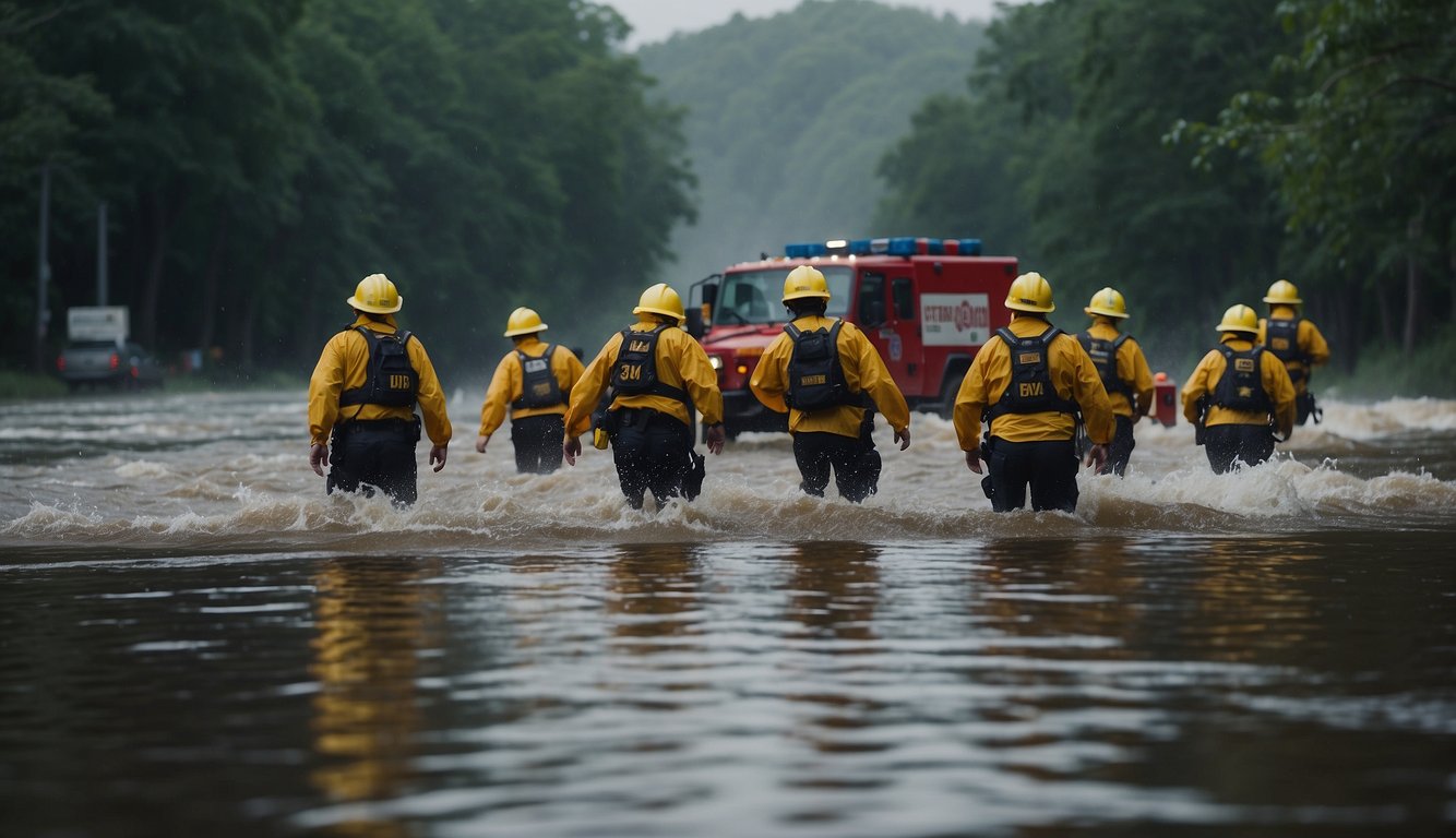 Emergency response teams wade through deep water in a flood