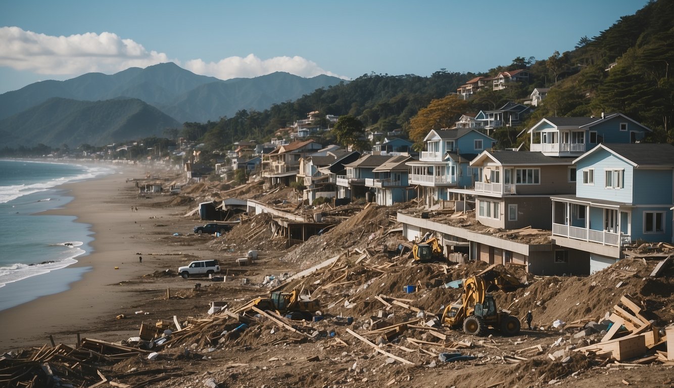 A wide angle shot of a coastline with many houses destroyed by rough seas