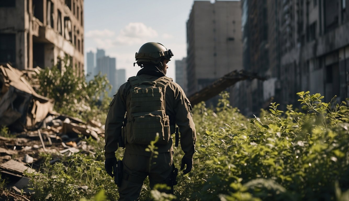 A city skyline with abandoned buildings, overgrown with plants. A person in tactical gear scavenging for supplies in the rubble