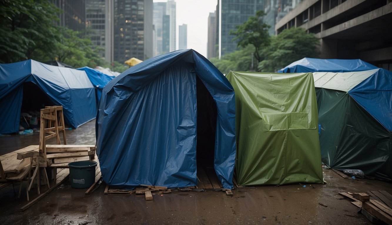 A makeshift shelter made of tarp and wood stands among the towering buildings of the city. Supplies are neatly organized inside, providing a sense of safety and preparedness in the midst of the urban jungle