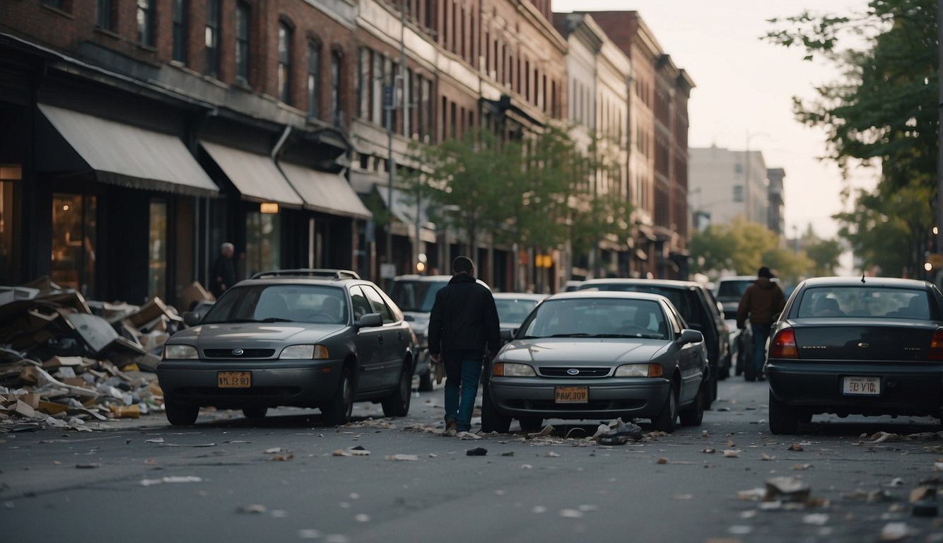 A bustling city street with abandoned cars and debris, people walking with backpacks, and a sense of urgency in the air